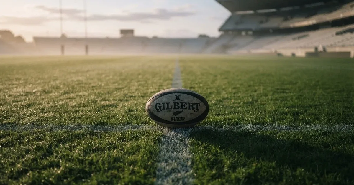 A ball on the centre spot of a grass pitch in morning light
