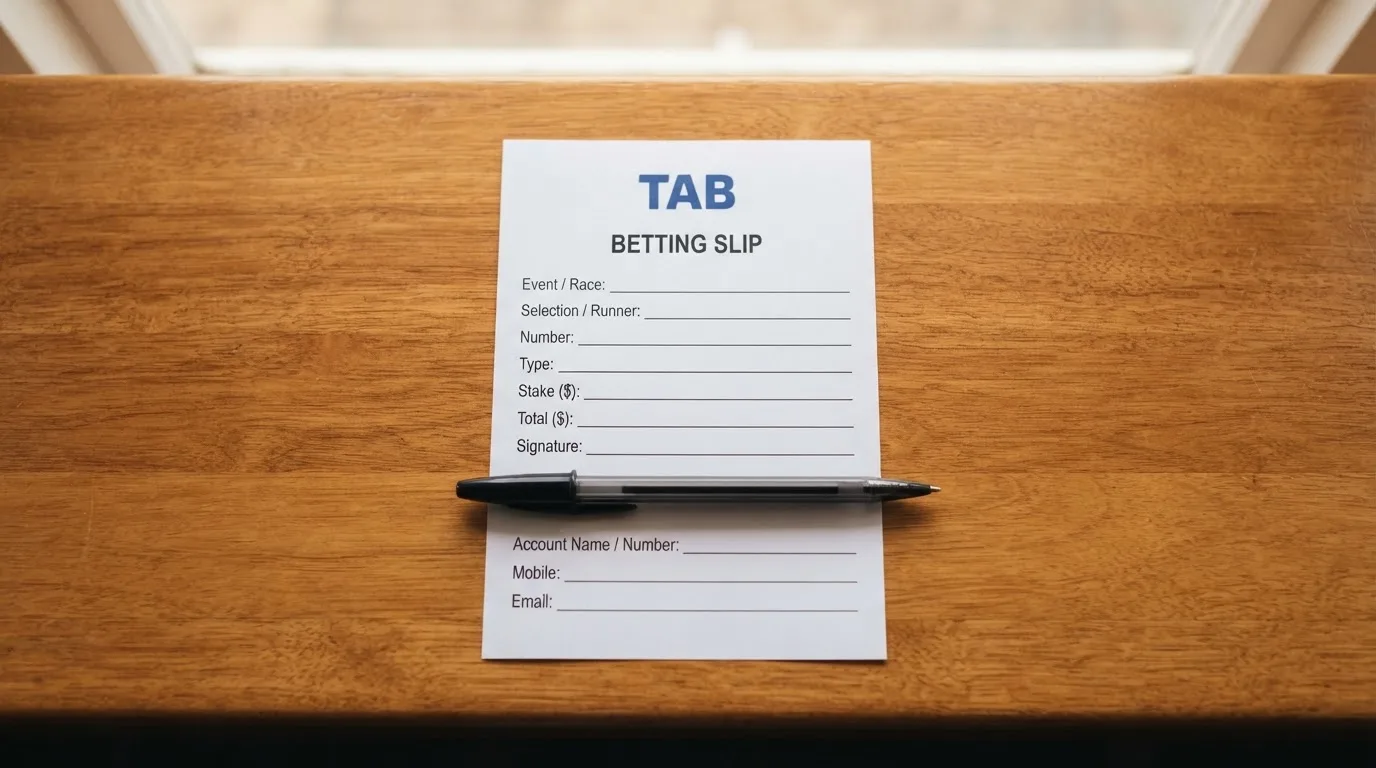 A blank paper betting slip beside a pen on a wooden counter