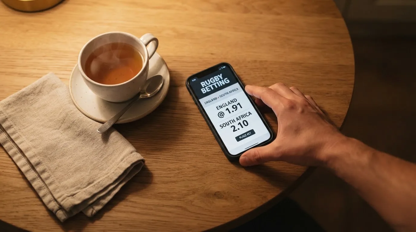 A hand setting a smartphone down beside a cup of tea on a kitchen table on a quiet evening